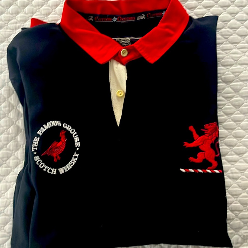 Rugby shirt; Vintage 1980s; 100% cotton. Mfg in UK
Famous Grouse Scotch Whisky